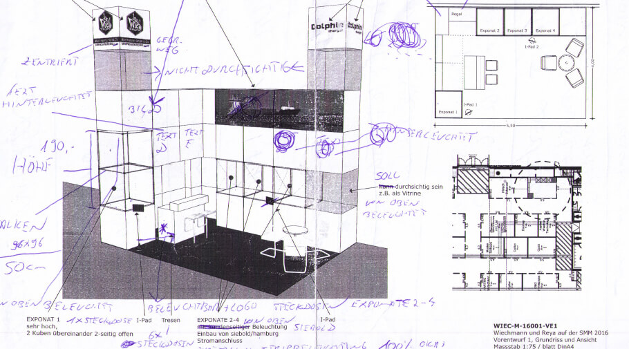 Sketch with notes for planned exhibition stand