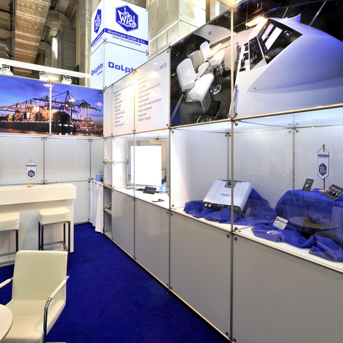 Finished exhibition stand at a trade fair with view from the side