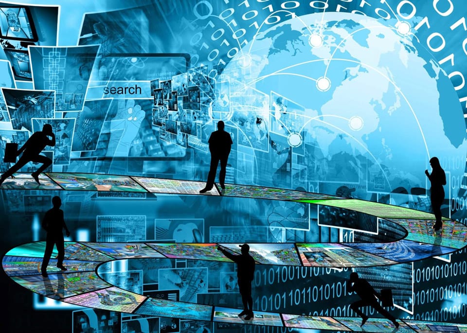 A digital landscape is being depicted, where silhouettes of people are navigating a floating path among images and data. Various digital icons and maps are being used to represent a global network.